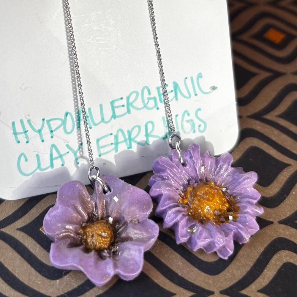 Set of Silver Threader Earrings, Purple Flower Jewelry, Mismatched Earrings - Picture 5 of 5